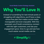 Promotional text for SimplifyAI Social Media Content Strategy Assistant on a dark background