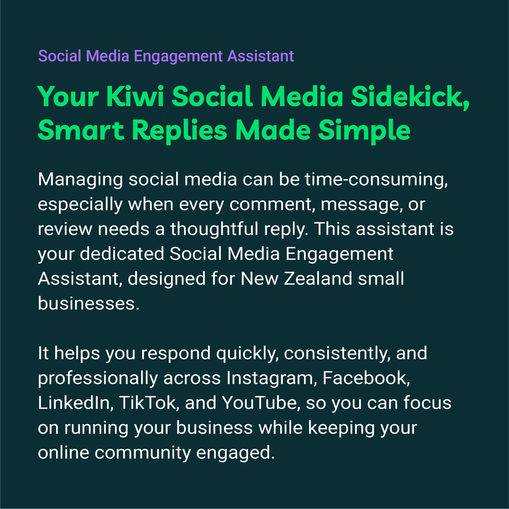 Promotional text for a social media engagement assistant on a dark blue background