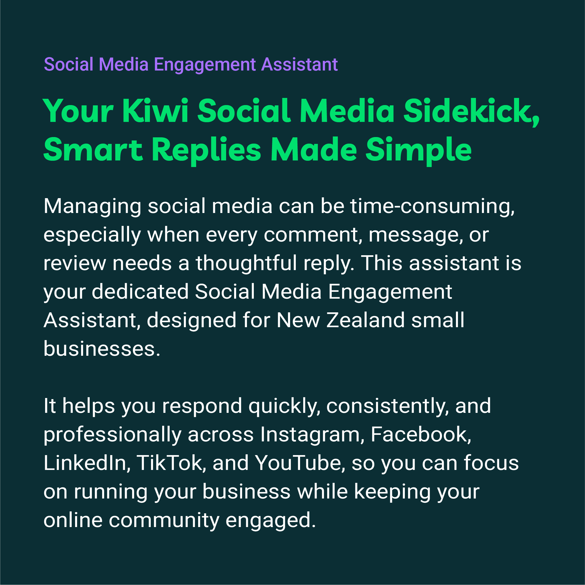 Promotional text for a social media engagement assistant on a dark blue background