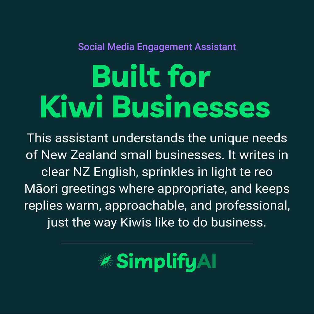 Promotional text for SimplifyAI Social Media Engagement Assistant on a dark green background