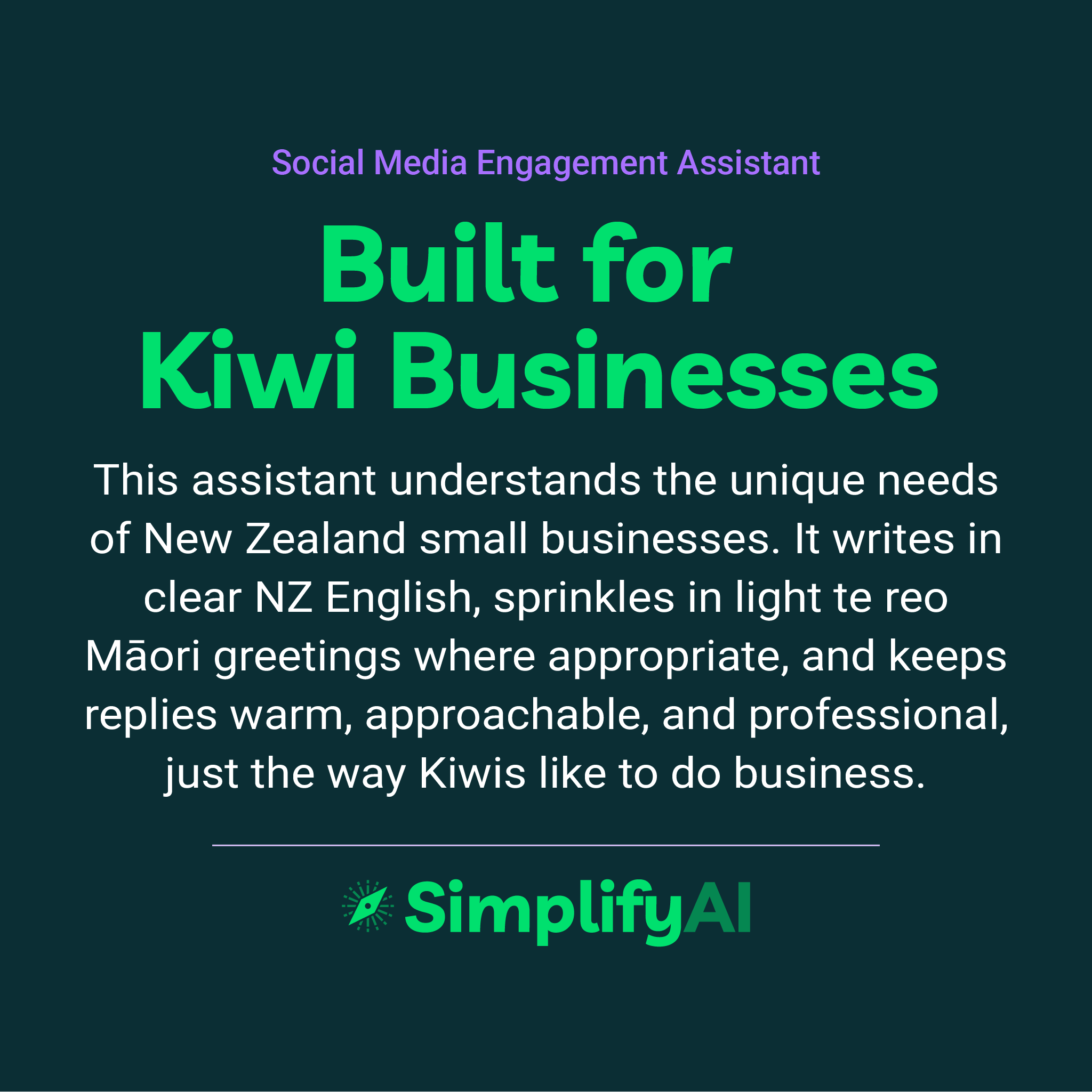 Promotional text for SimplifyAI Social Media Engagement Assistant on a dark green background