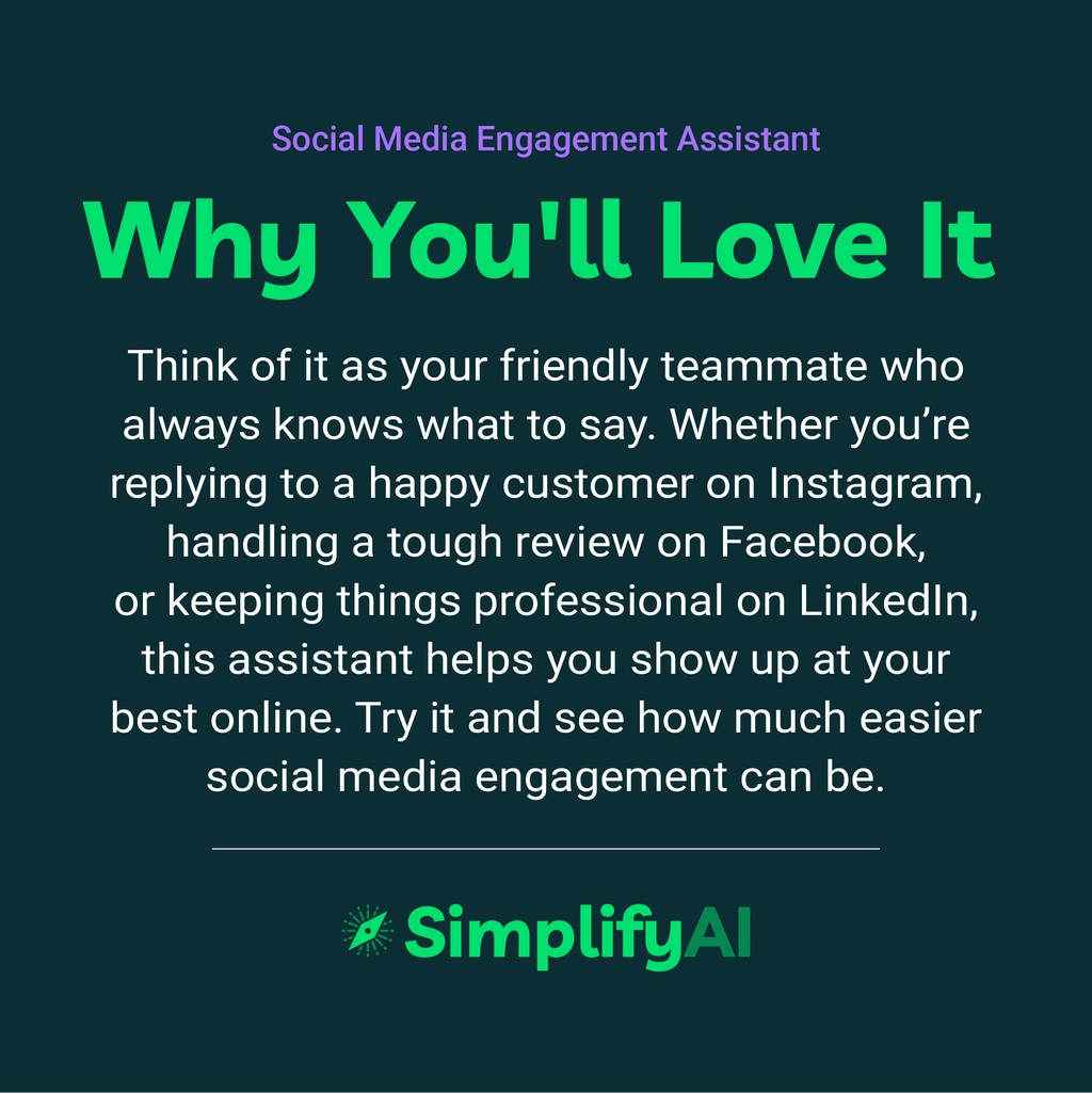 Promotional text for SimplifyAI Social Media Engagement Assistant on a dark background