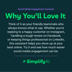 Promotional text for SimplifyAI Social Media Engagement Assistant on a dark background