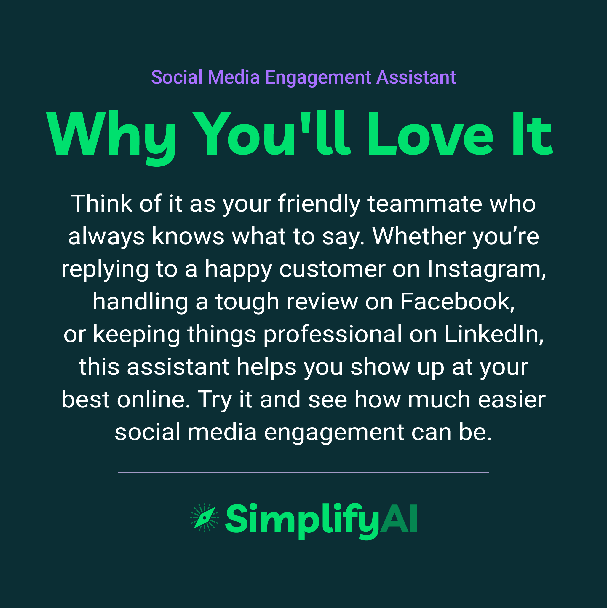 Promotional text for SimplifyAI Social Media Engagement Assistant on a dark background