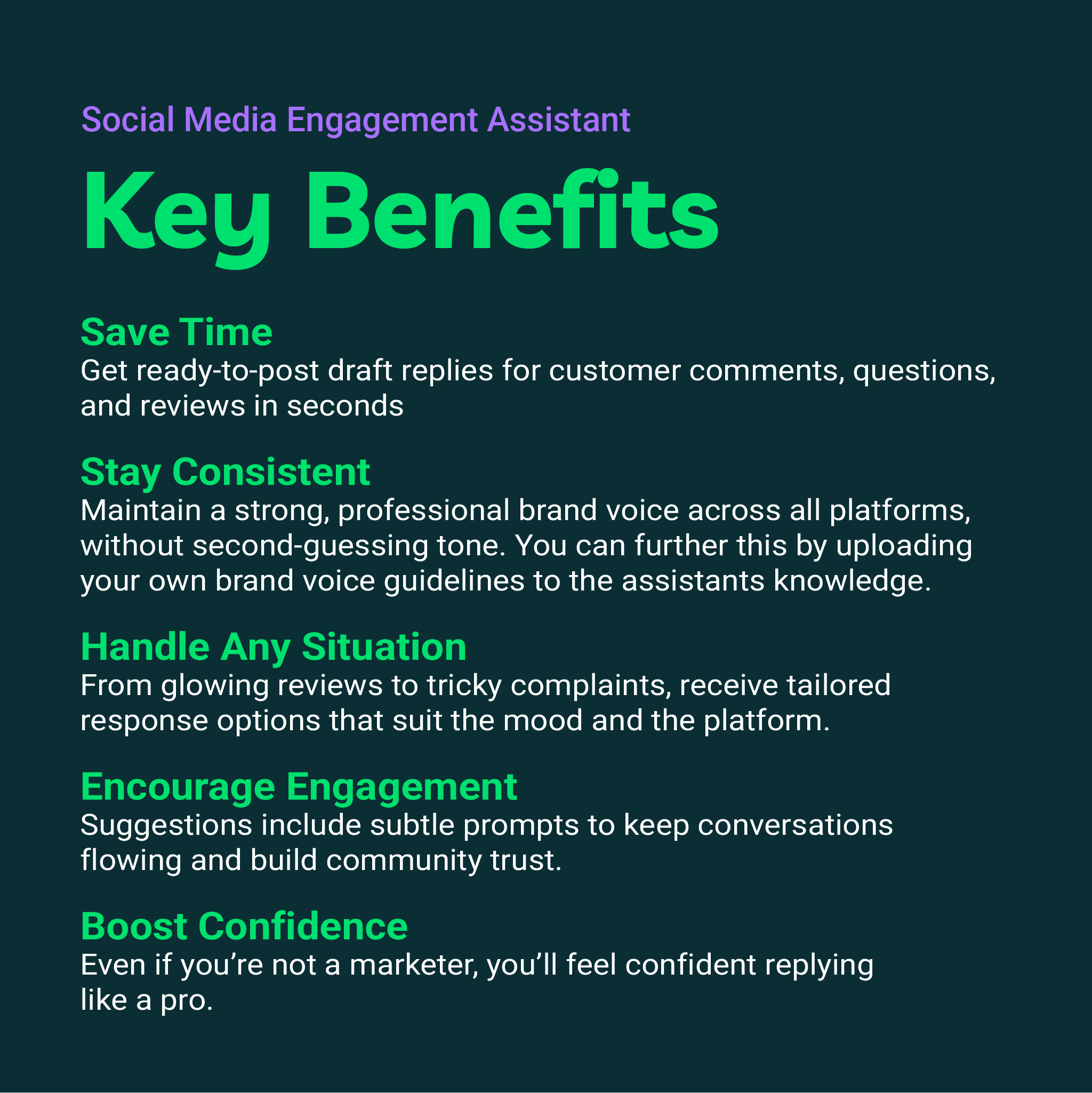 Key benefits of a Social Media Engagement Assistant on a dark background