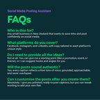 FAQs for a Social Media Posting Assistant service on a dark background