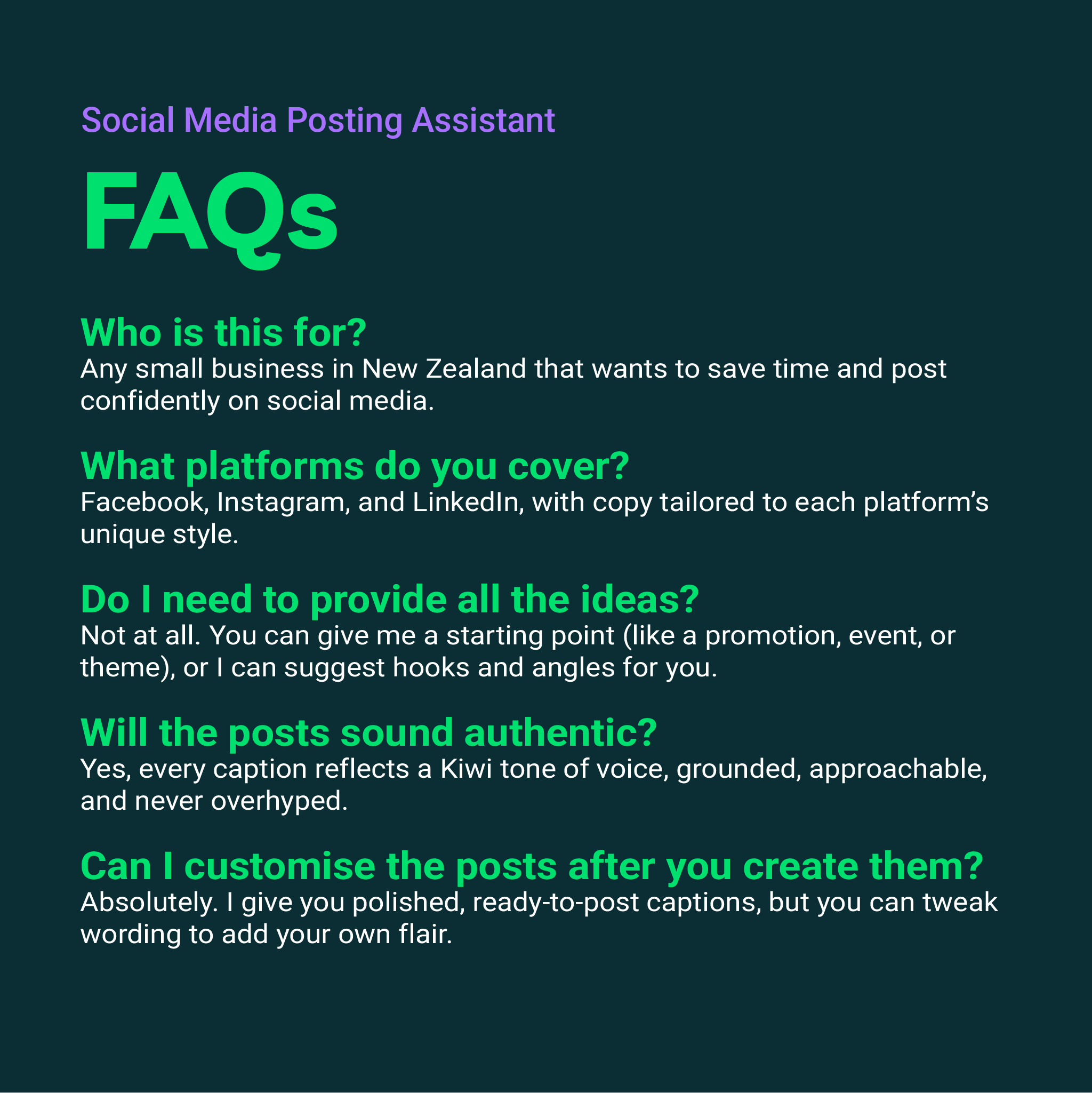 FAQs for a Social Media Posting Assistant service on a dark background