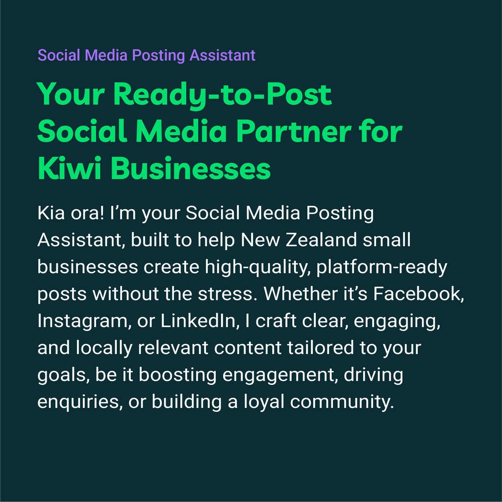 Promotional text for a social media posting assistant service on a dark blue background.