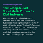 Promotional text for a social media posting assistant service on a dark blue background.