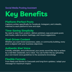Key benefits of a Social Media Posting Assistant on a dark background