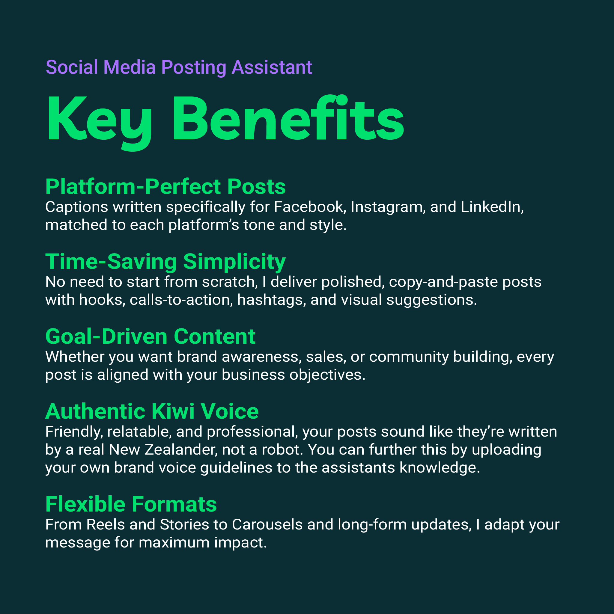 Key benefits of a Social Media Posting Assistant on a dark background