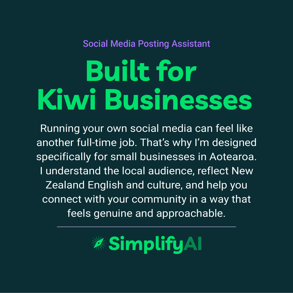 Promotional text for SimplifyAI Social Media Posting Assistant on a dark green background