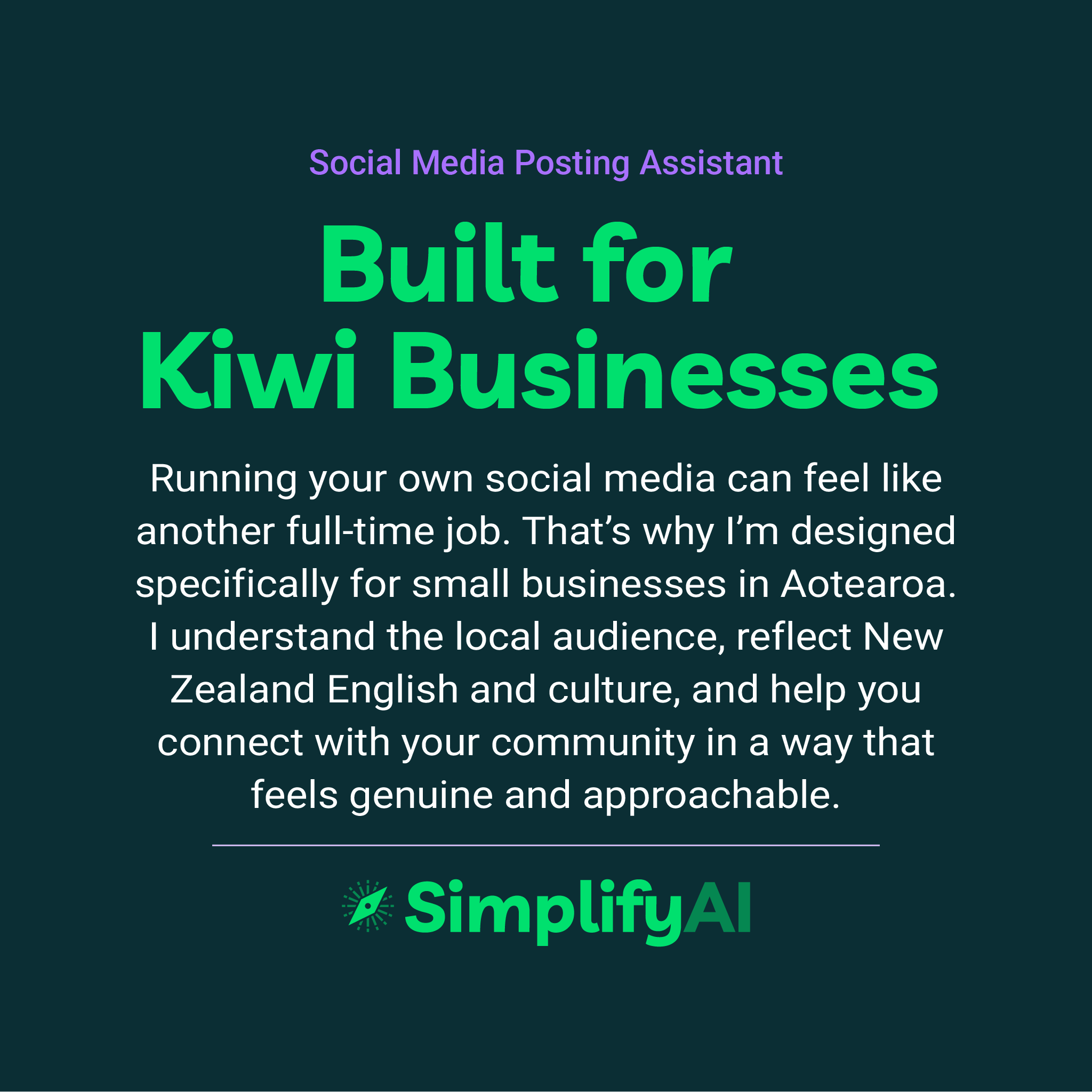 Promotional text for SimplifyAI Social Media Posting Assistant on a dark green background