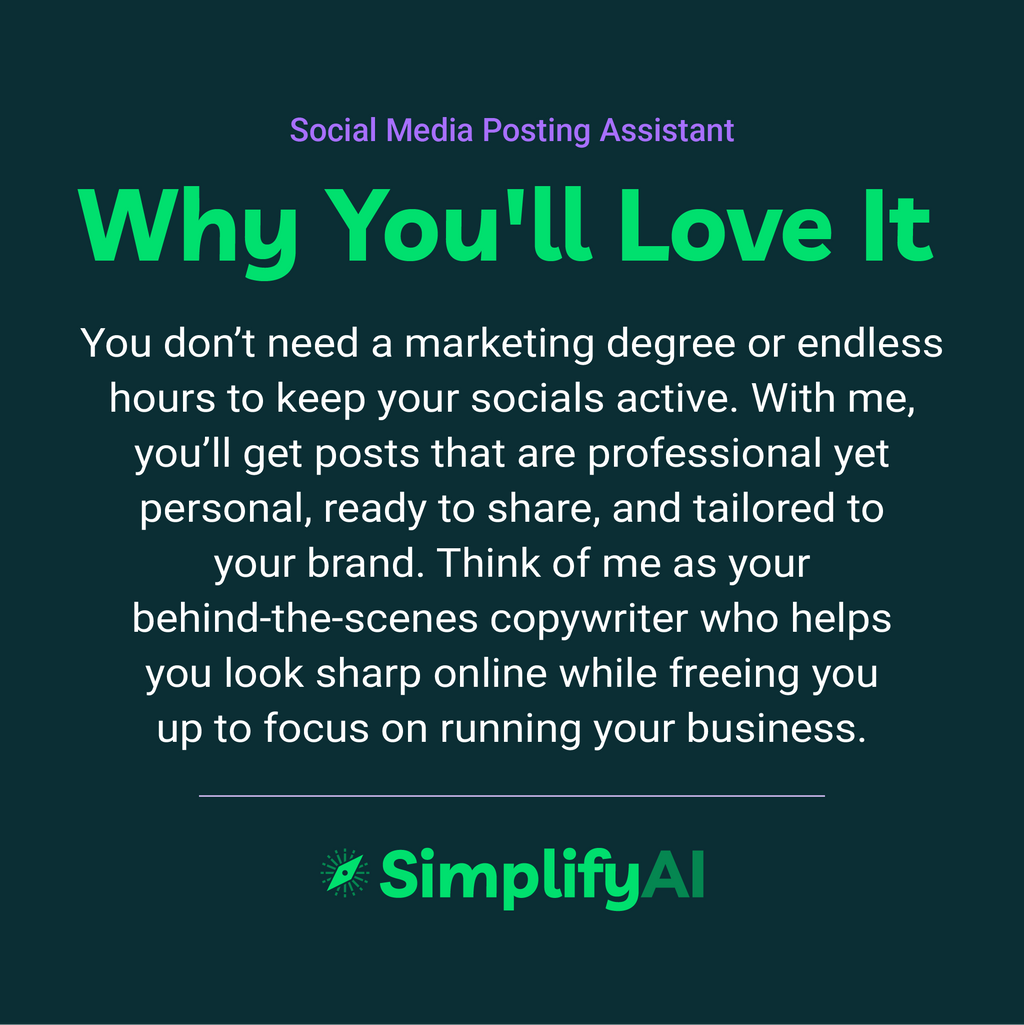 Promotional text for SimplifyAI Social Media Posting Assistant on a dark background