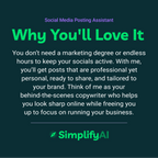 Promotional text for SimplifyAI Social Media Posting Assistant on a dark background