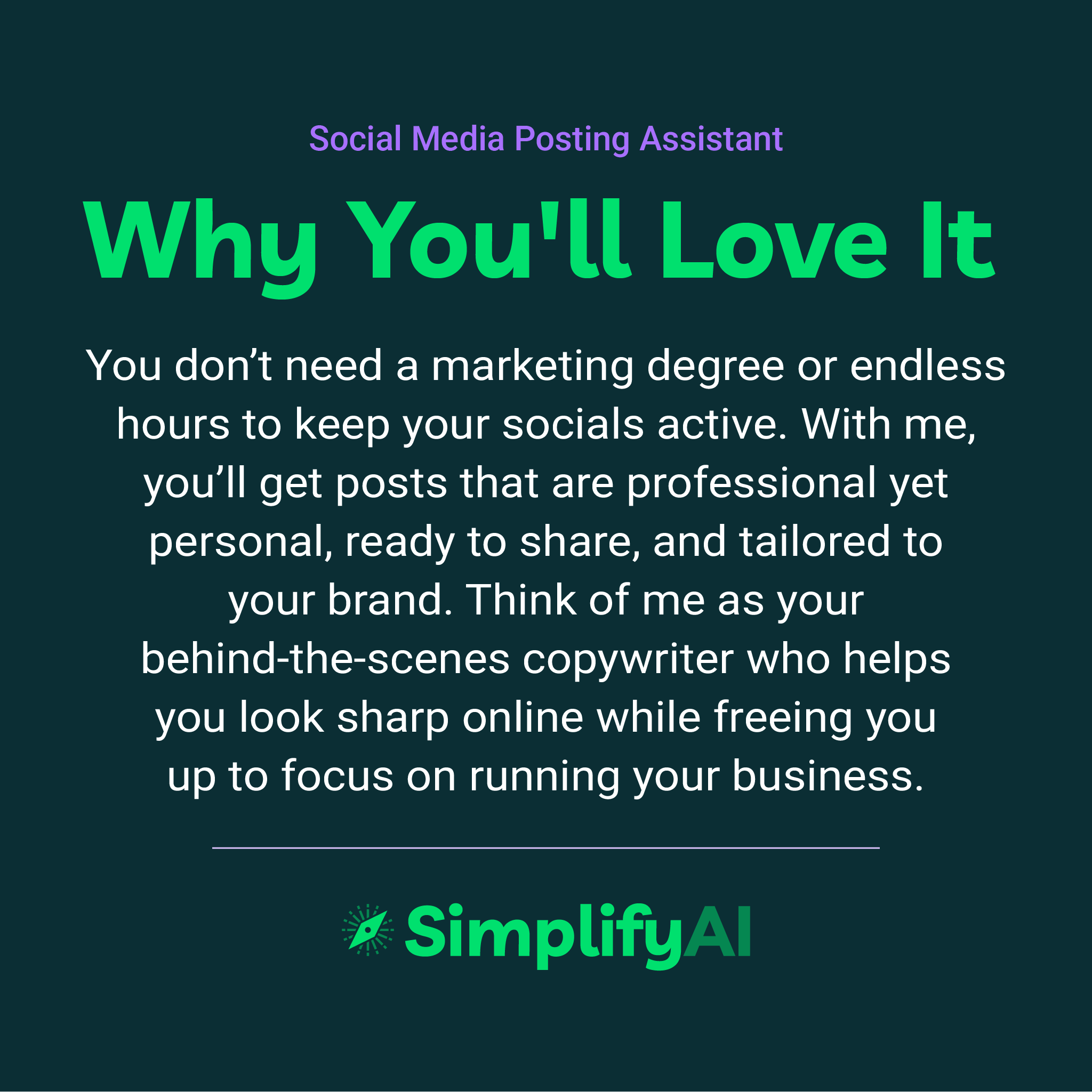 Promotional text for SimplifyAI Social Media Posting Assistant on a dark background