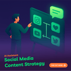 Person pointing at a digital board with social media icons and text about AI Assistant Social Media Content Strategy.