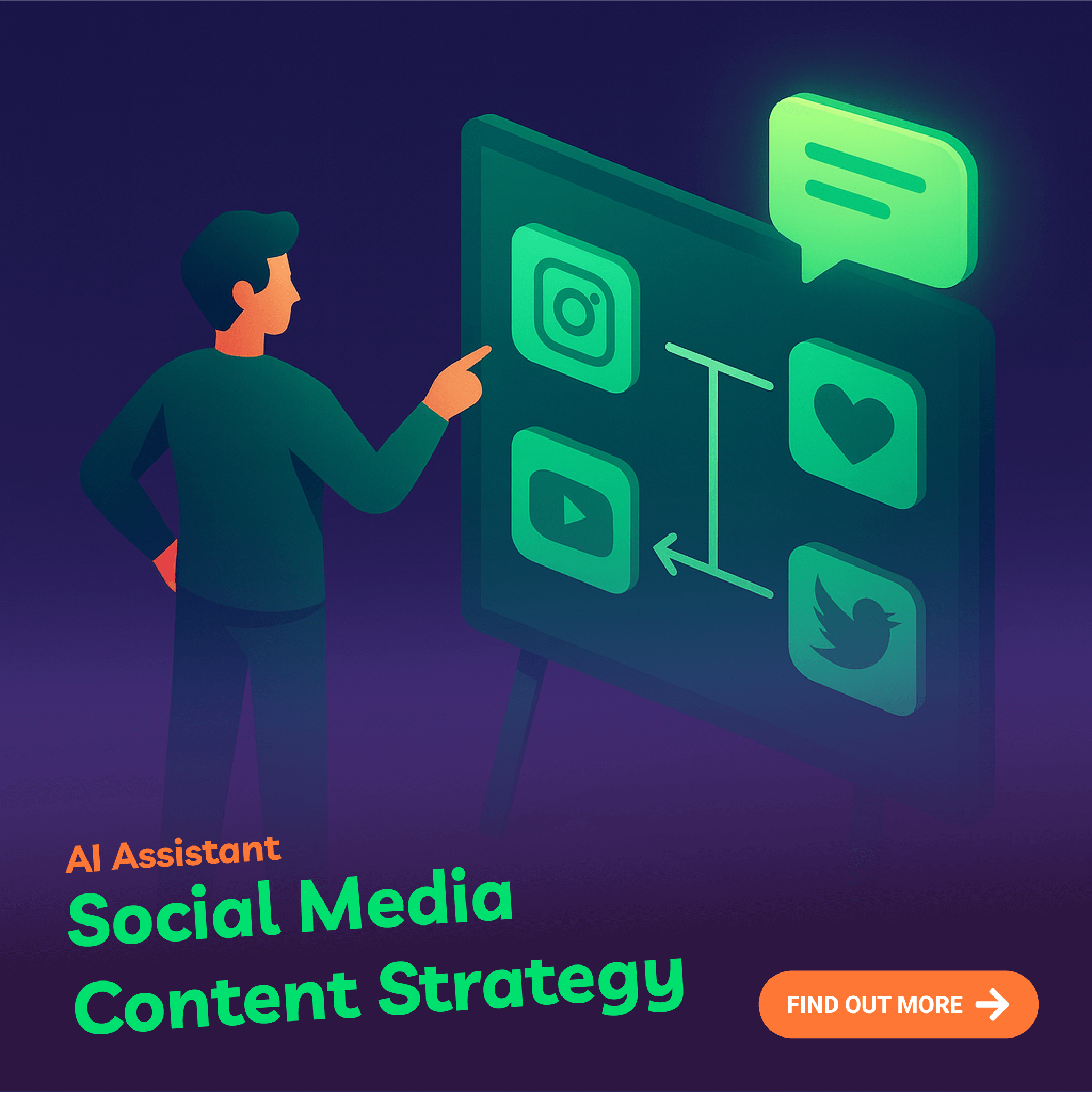 Person pointing at a digital board with social media icons and text about AI Assistant Social Media Content Strategy.