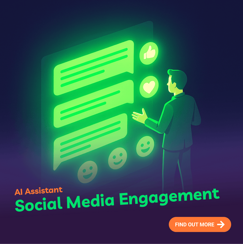 Illustration of a person interacting with a glowing social media interface on a dark background