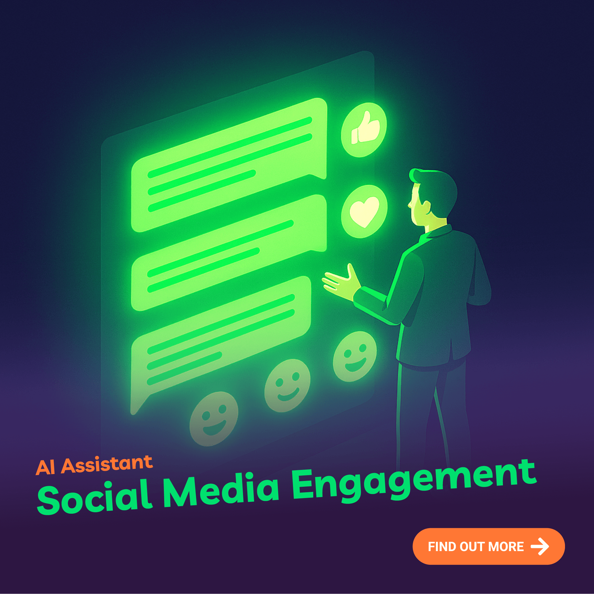 Illustration of a person interacting with a glowing social media interface on a dark background