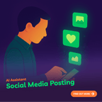 Illustration of a person using a smartphone with social media icons and 'AI Assistant Social Media Posting' text.