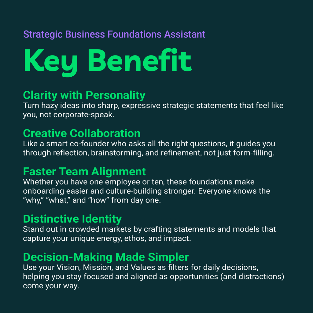 Text detailing key benefits of Strategic Business Foundations Assistant on a dark background