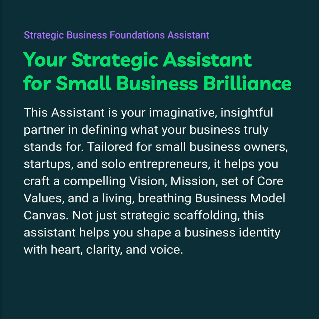 Promotional text for a Strategic Business Foundations Assistant on a dark background