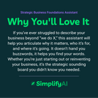 Promotional text for SimplifyAI's Strategic Business Foundations Assistant on a dark green background.