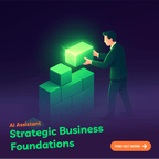 Man building a green block wall with text about AI Assistant Strategic Business Foundations on a dark background