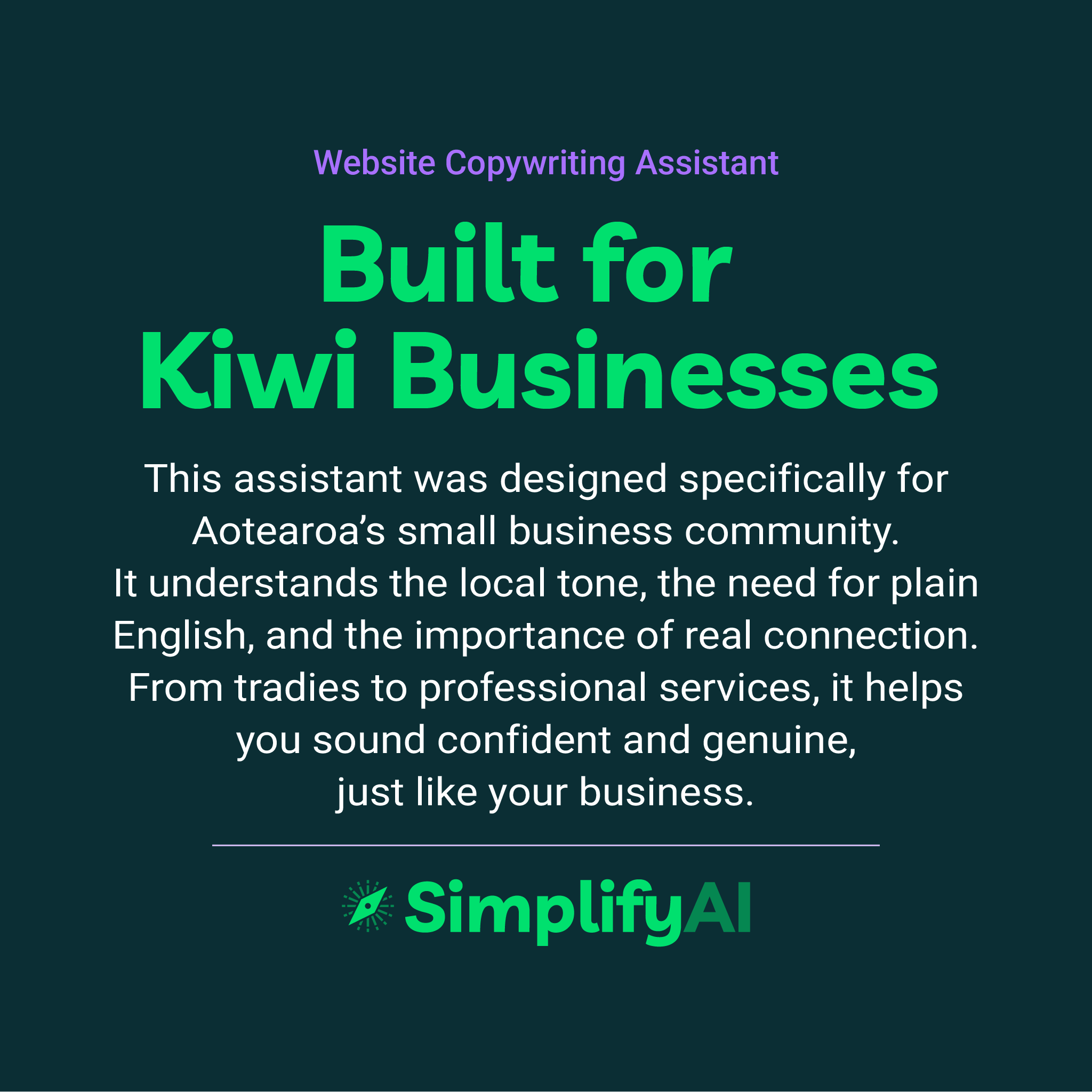 Advertisement for SimplifyAI website copywriting assistant on a dark green background