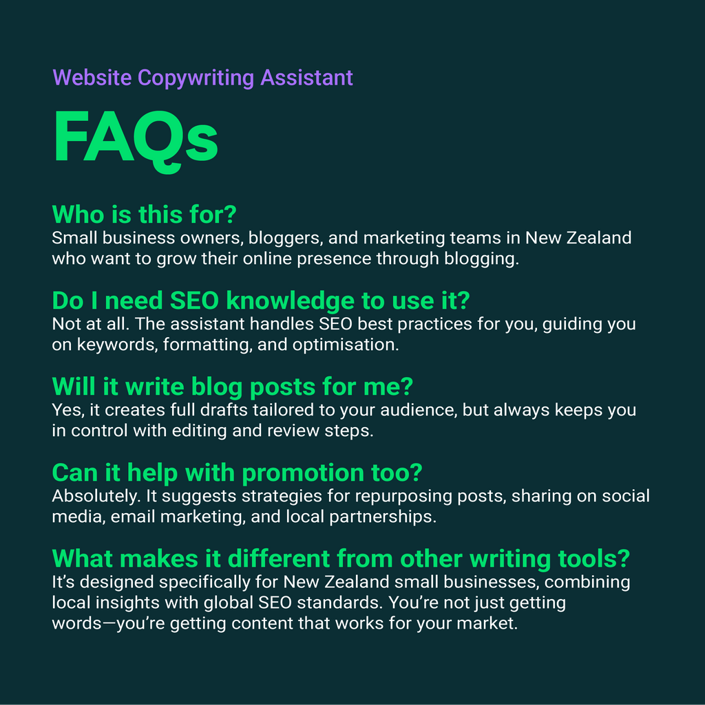 FAQs about a website copywriting assistant for small businesses in New Zealand on a dark background.