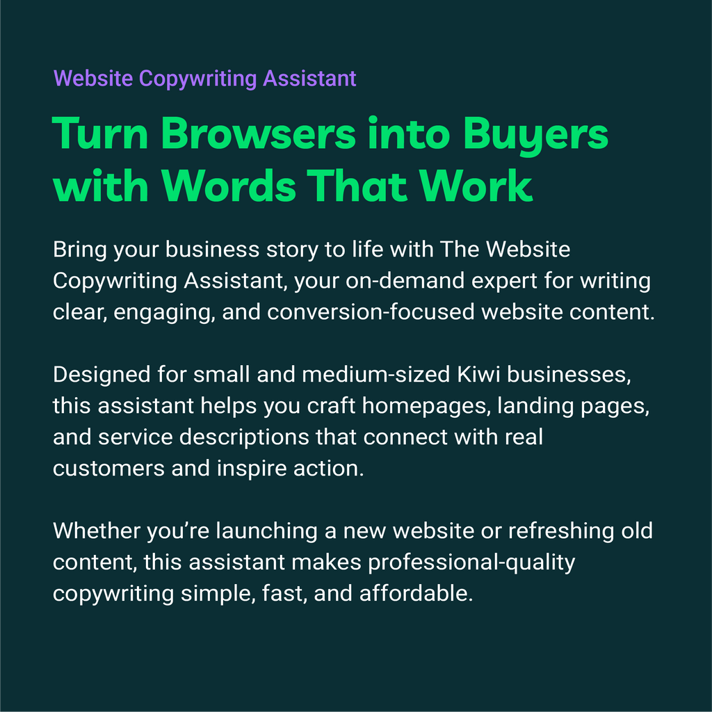 Advertisement for a website copywriting assistant with text on a dark background