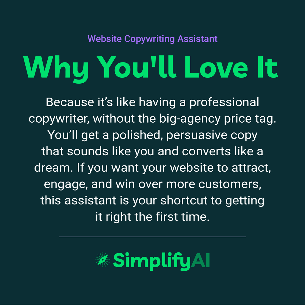 Advertisement for SimplifyAI website copywriting assistant on a dark background