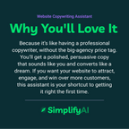 Advertisement for SimplifyAI website copywriting assistant on a dark background