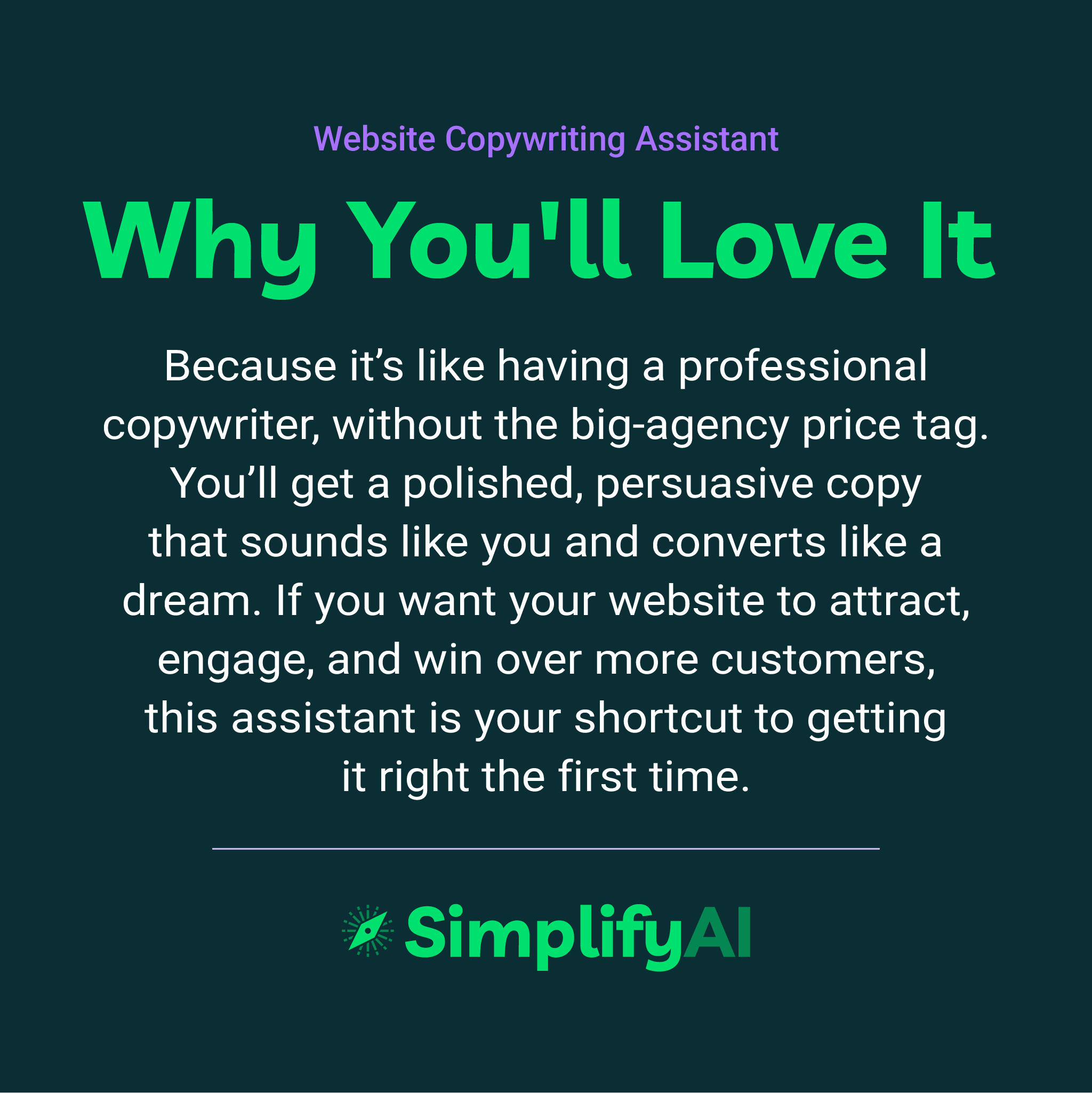 Advertisement for SimplifyAI website copywriting assistant on a dark background