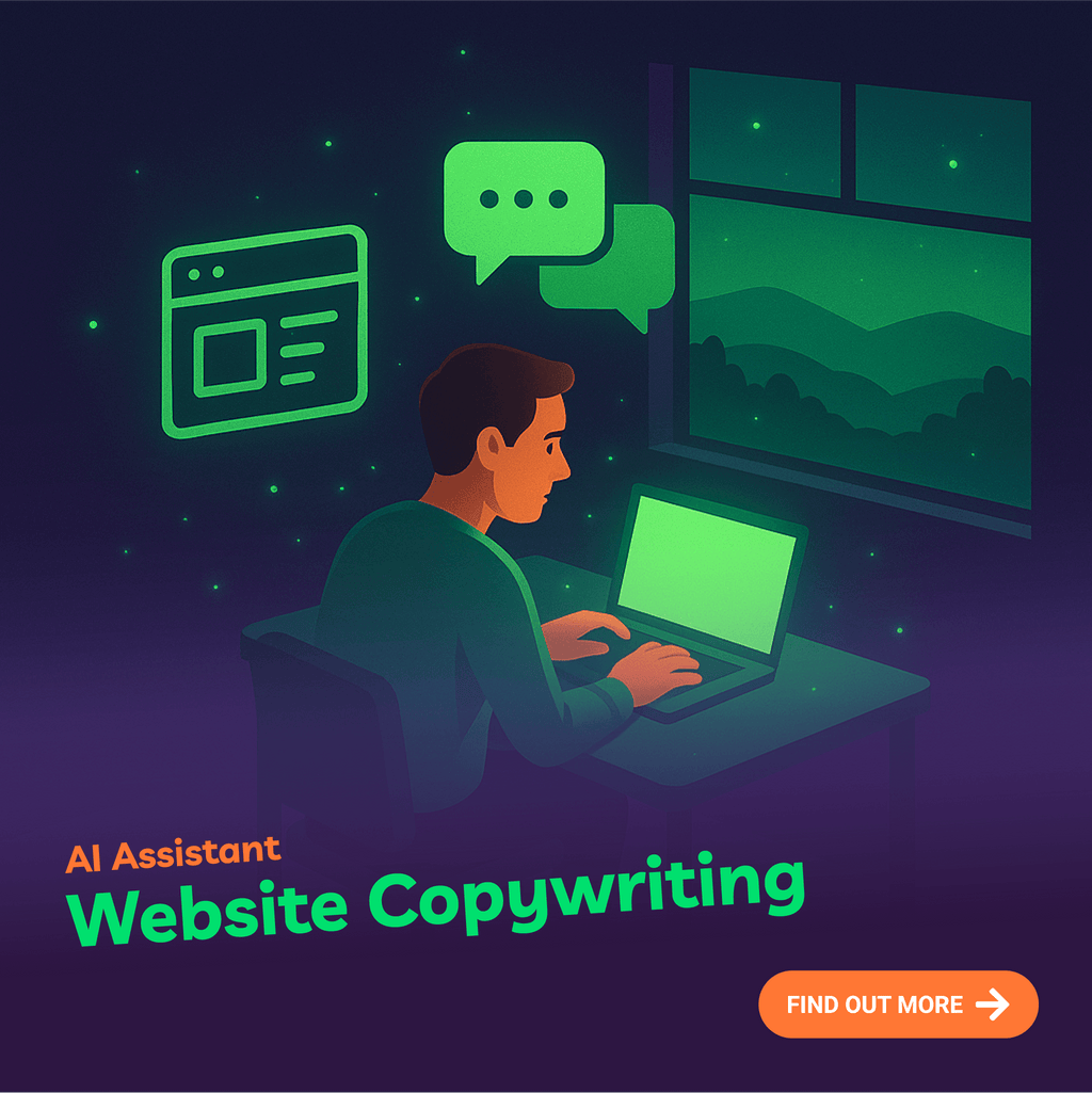 Illustration of a person working on a laptop with text about AI assistant website copywriting.